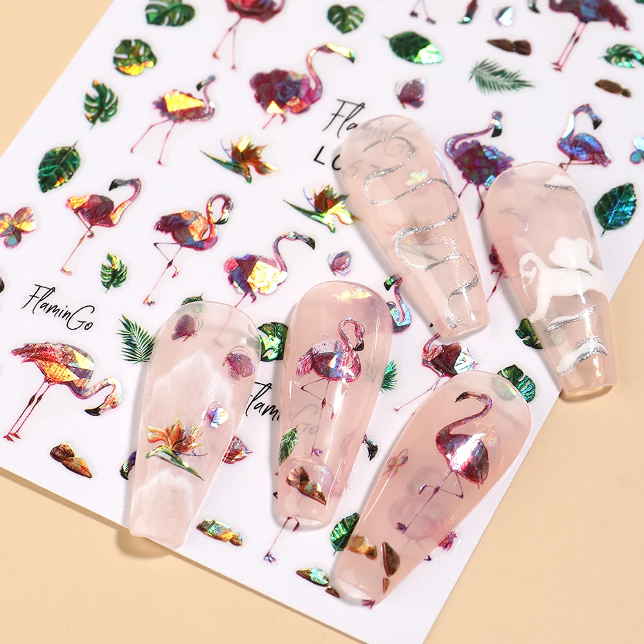 2 pezzi 3D Laser Estate Tropicale Adesivi per unghie Fenicotteri rosa lucidi Woodpeckers Foglie di palma Disegni Decalcomanie adesive Lamine per manicure