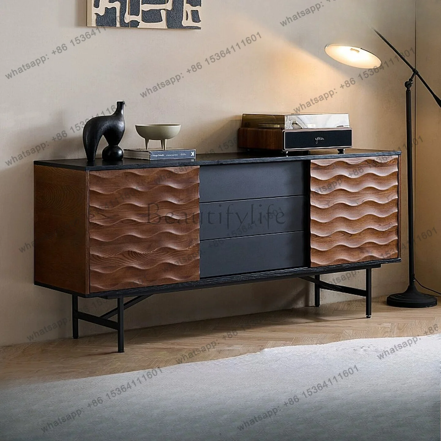 

Medieval style dining side cabinet, retro style living room, black walnut color, multi-functional storage cabinet
