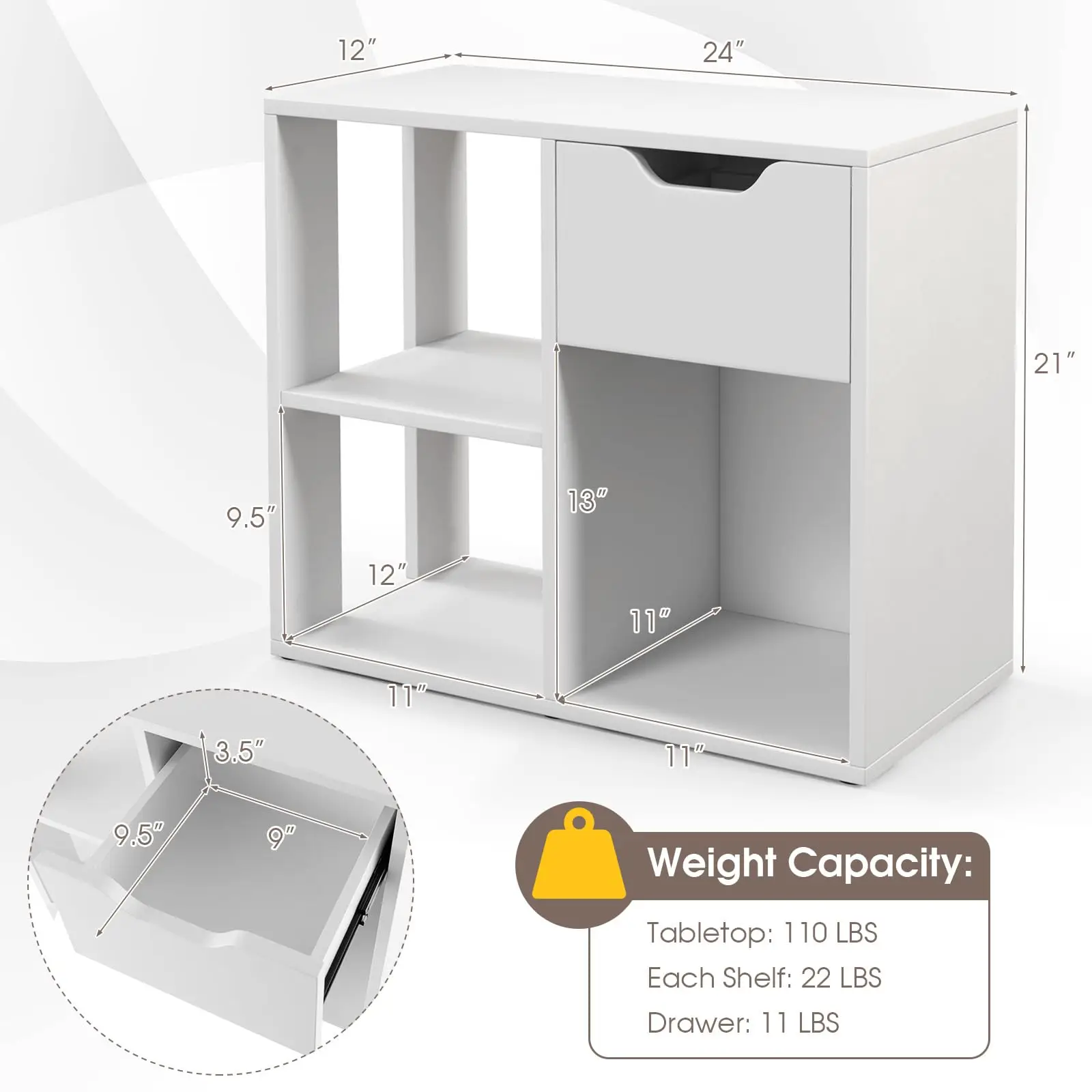 3 Cube Bookcase with Drawer, Modern Simple Bookshelf Display Rack, White