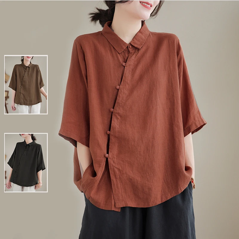 Or Sve irt – haut boutonné Vintage pour femmes d'âge moyen, décontracté, en coton et lin, vêtements de thé amples, nouvelle collection été