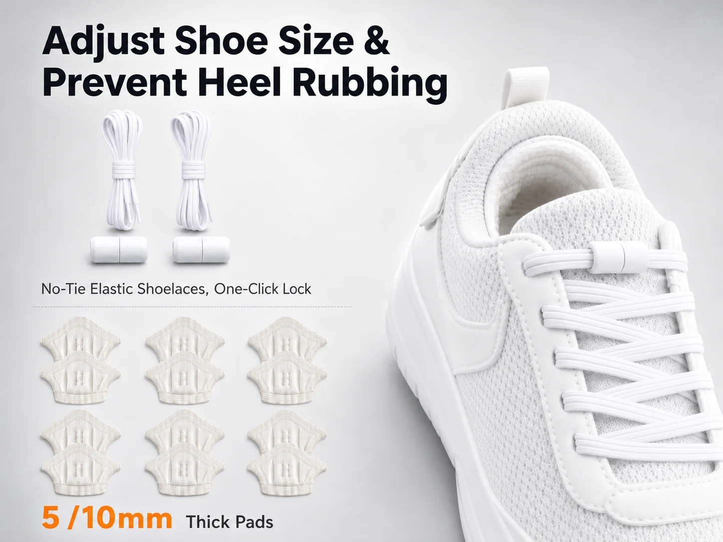 Self-Adhesive Heel Cushion Inserts 6 Pairs + One-Click Lock Elastic Shoelaces Anti Blister Heel Grips Adjust Oversized Shoe Size