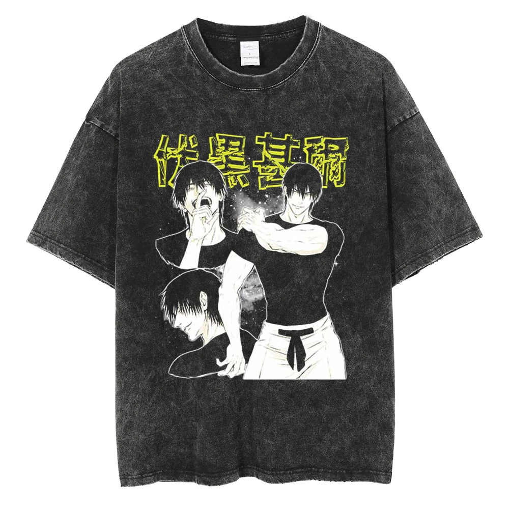 

Men's Washed Black T-Shirt Japanese Anime Flat Print Shirt Harajuku Cotton Short Sleeve Summer Oversized T Shirt Harajuku