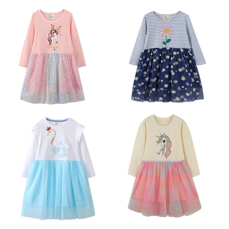 

Jumping Meters Hot Selling Princess Party Tutu Girls Dresses Fashion Birthday Gift Long Sleeve Autumn Spring Kids Frocks Costume