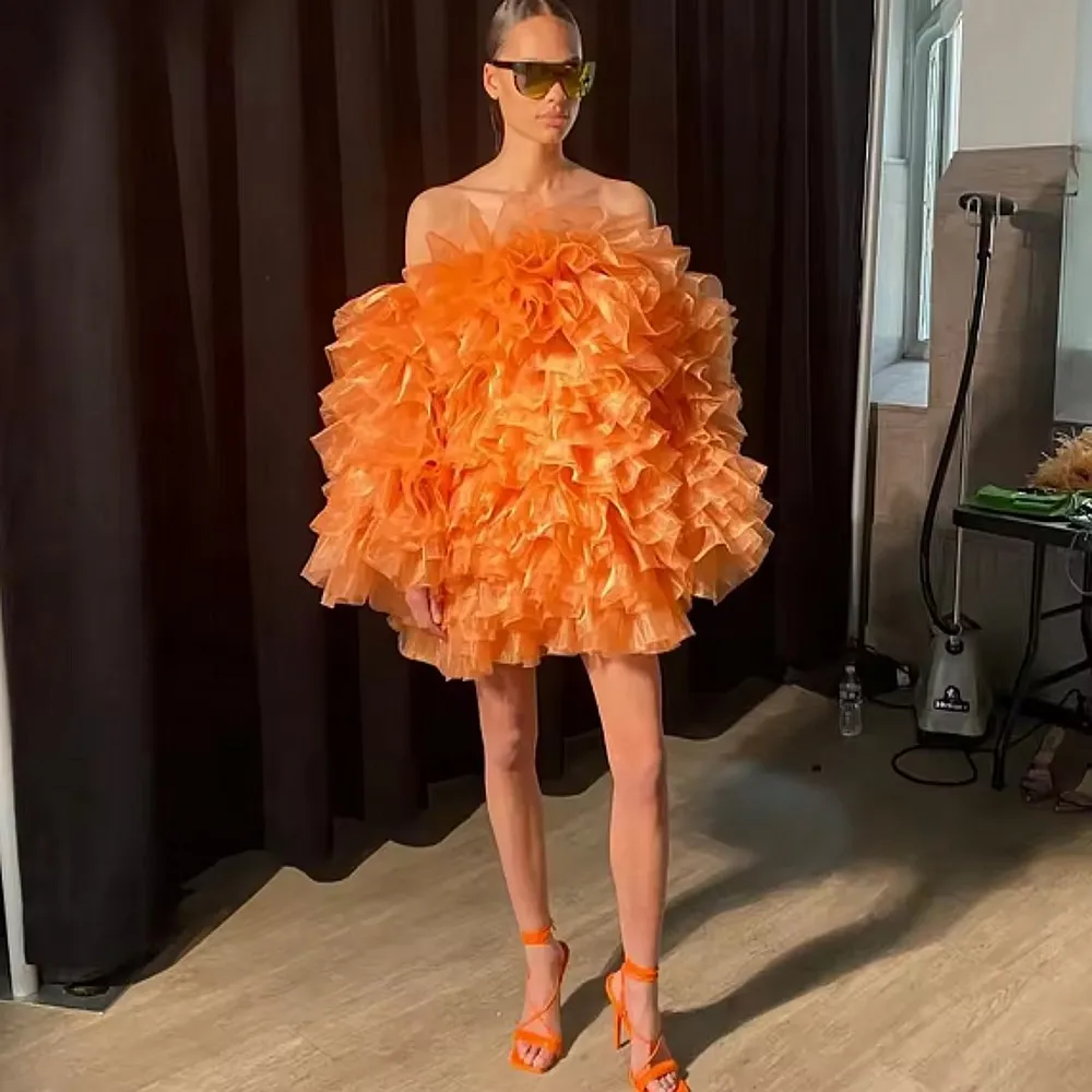 สีส้มTulleผู้หญิงค็อกเทลปิดไหล่Puffyแขนยาวมินิผู้หญิงวันเกิดพรหมชุดชายหาดวันหยุดชุด