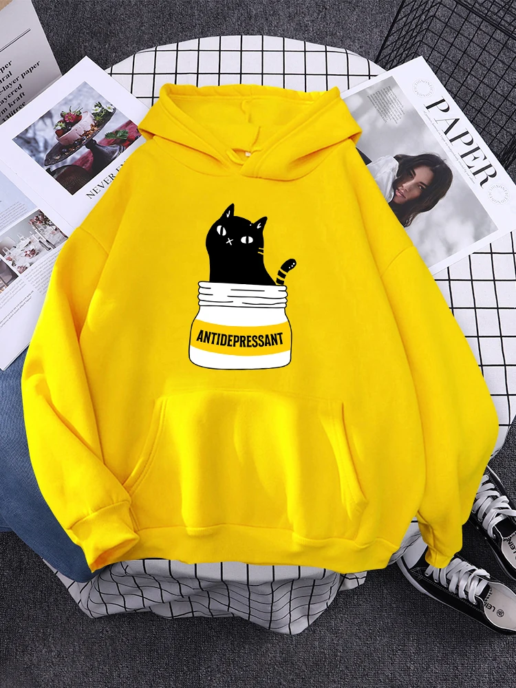

Black Cat Eat Antidepressant Print Female Streetwear Creativity Crewneck Hoody Autumn Multicolor Hoodies Funny Loose Clothes