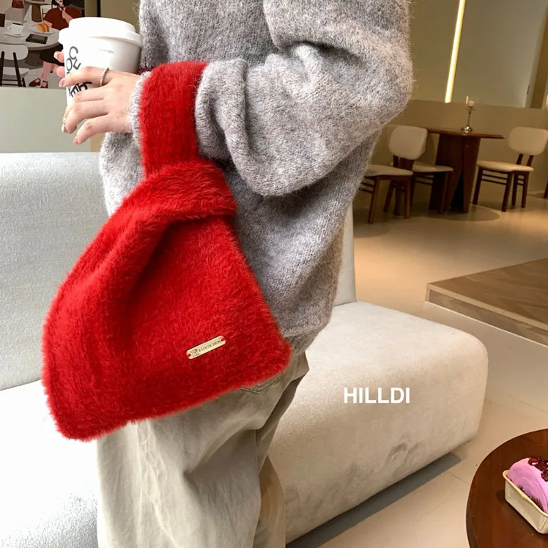 Fashion Mink Hair Design Sense Solid Simple Knitted Plush Bag Korean Version Large Capacity Commuter Handbag Portable Tote Pack