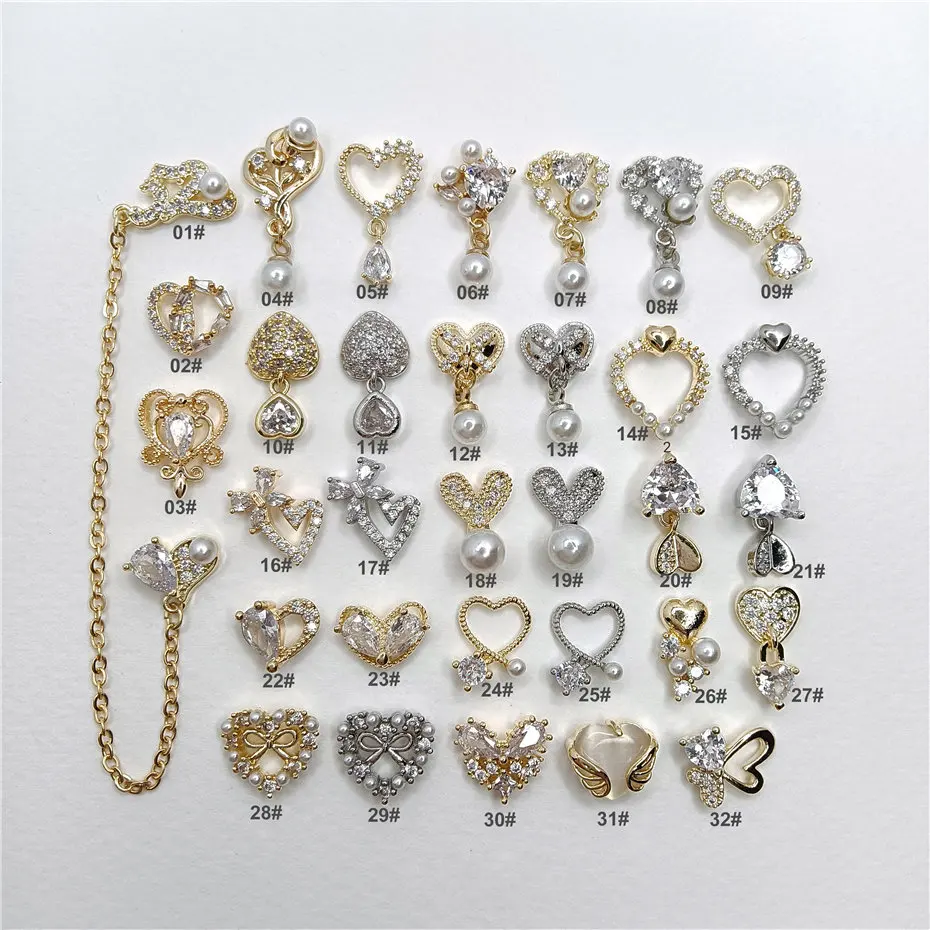 10pcs/lot 3D Hollow Love Heart Alloy Nail Art Zircon Pearl Crystal Metal Manicure Nails Accessories Supplies Decorations Charms