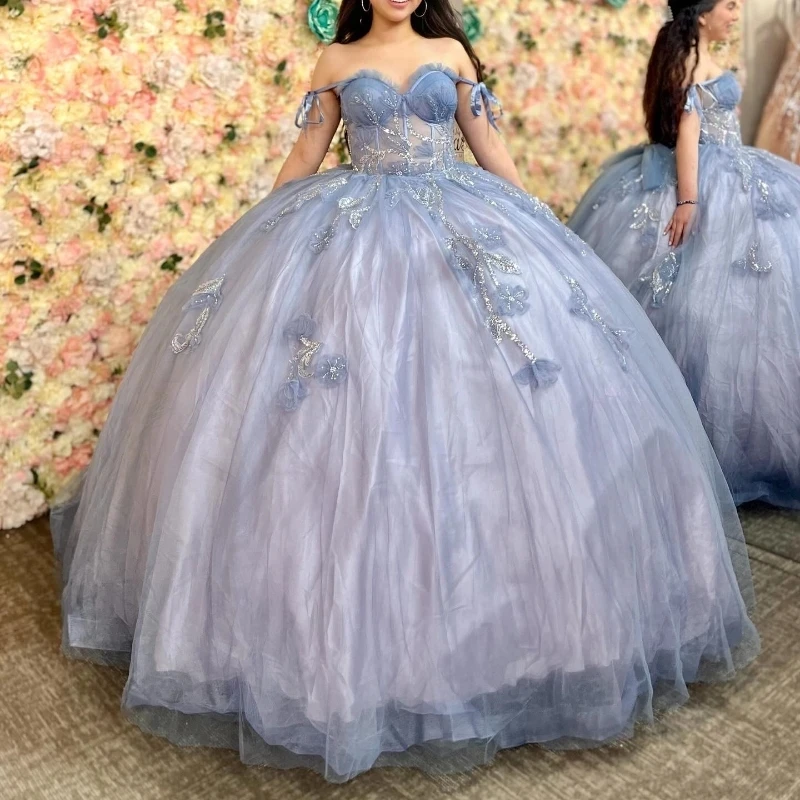 

Sparkly Grayish Blue Princess Quinceanera Dresses Off Shoulder Corset Flower Beads Crystal vestido de 15 quinceañera Sweet 16