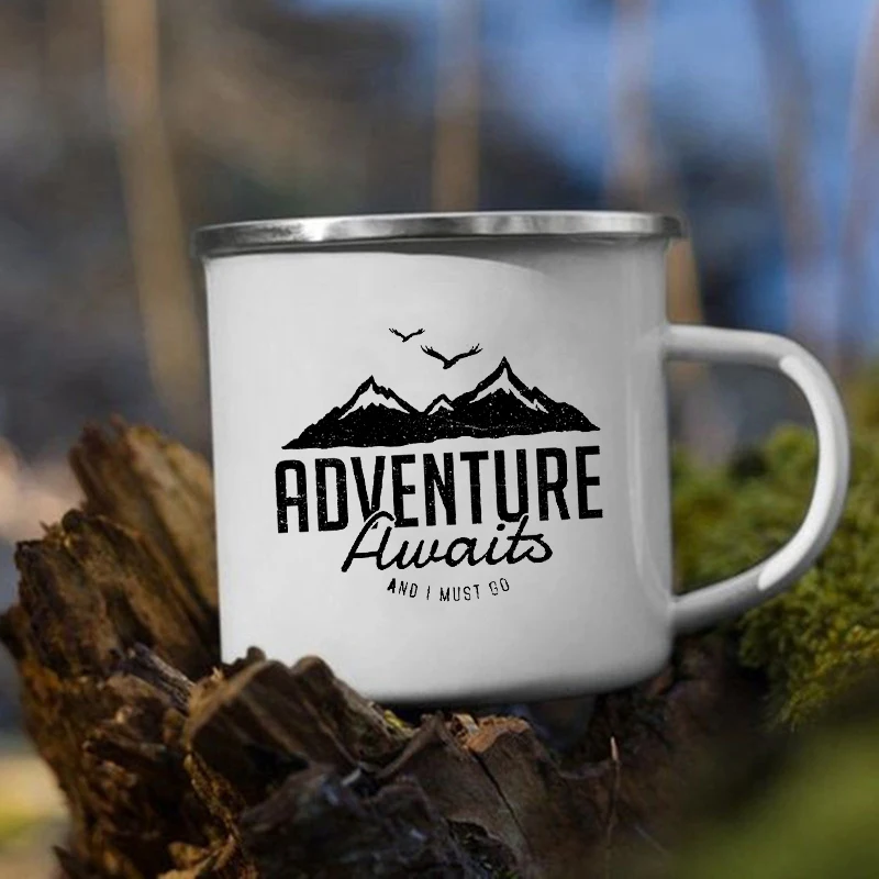 Enamel Camping Cups Adventure Awaits Camping Mugs Happy Campers Campfire Cup Outdoor Campervan Coffee Handle Mug Camper Van Gift