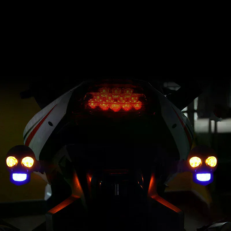 2Pcs Dual Color Moto LED Skull Shape Waterproof Fog Light Turn Signal Auxiliary Headlights ATV Scooter For Racer Spotlight