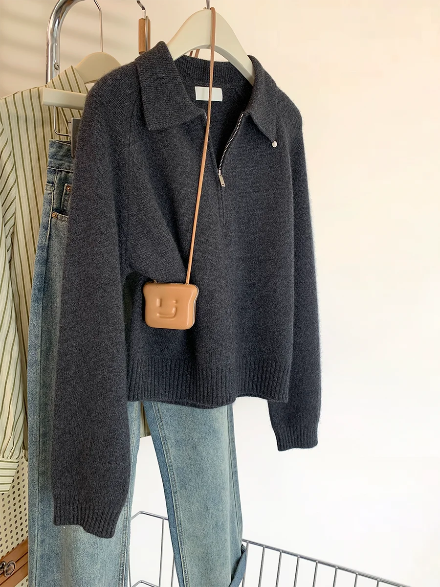 

Серый свитер на молнии с лацканами, женский весенне-осенний простой однотонный вязаный пуловер, новинка 2025 года, универсальный свободный топ с длинными рукавами