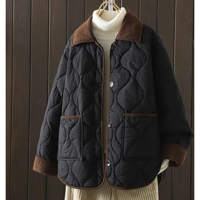 Winter Femme Long Sleeved Parkas Outwear American Women Color Blocked Cotton Padded Coat Autumn Lightweight Down Cotton Jacket