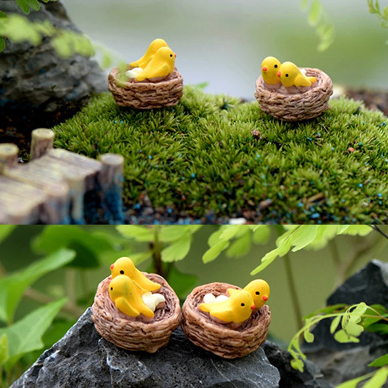 Mini nest with birds fairy garden miniatures gnomes moss terrariums resin crafts figurines for home decoration accessories