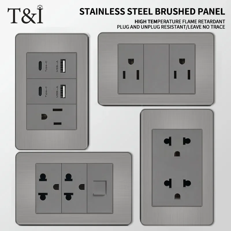 

118*75mm Premium Stainless Steel Brushed US Wall Socket Grey Thai US Socket Plug with Dual USB Type-C Ports,Light Switch