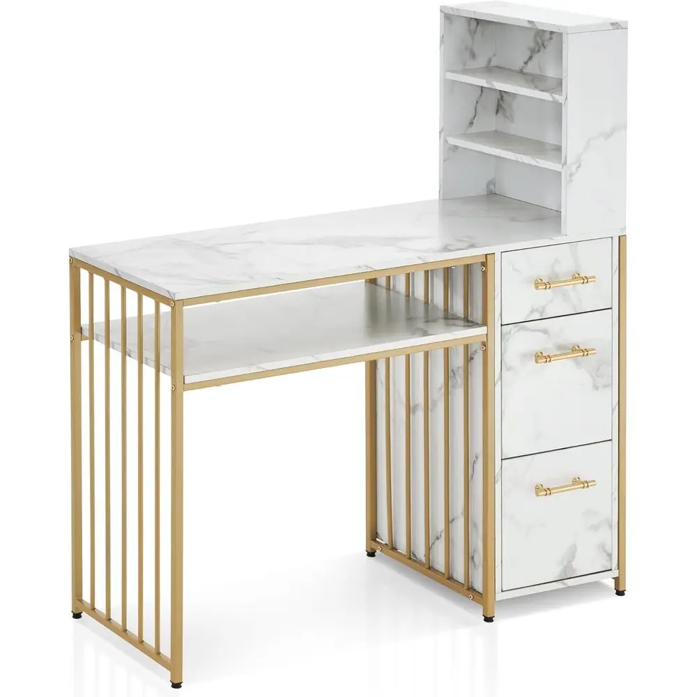 

Modern White Marble-Textured Manicure Table with Storage Drawers and Open Shelves for Spa Salons