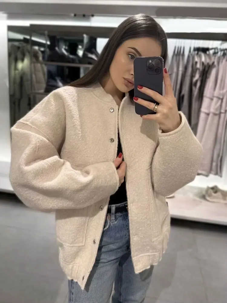 TRZA Women Fashion With Pockets Oversized Bomber Jacket Coat Vintage Long Sleeve Snap Button Female Outerwear Chic Tops