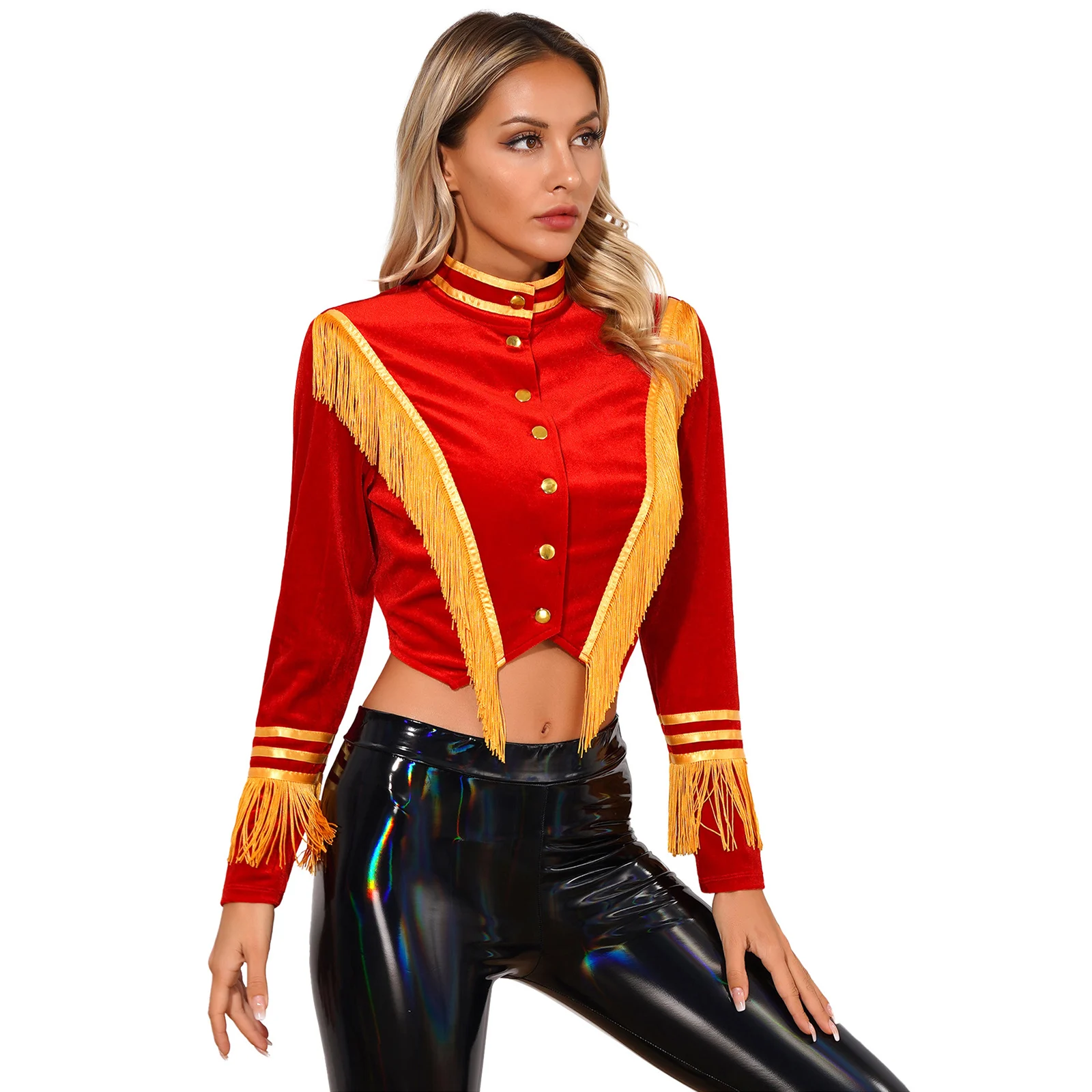 Women\'s Halloween Circus Ringmaster Jackets Velvet Outerwear Ringleader Coat Magician Circus Cosplay Tassel Stripe Crop Jackets