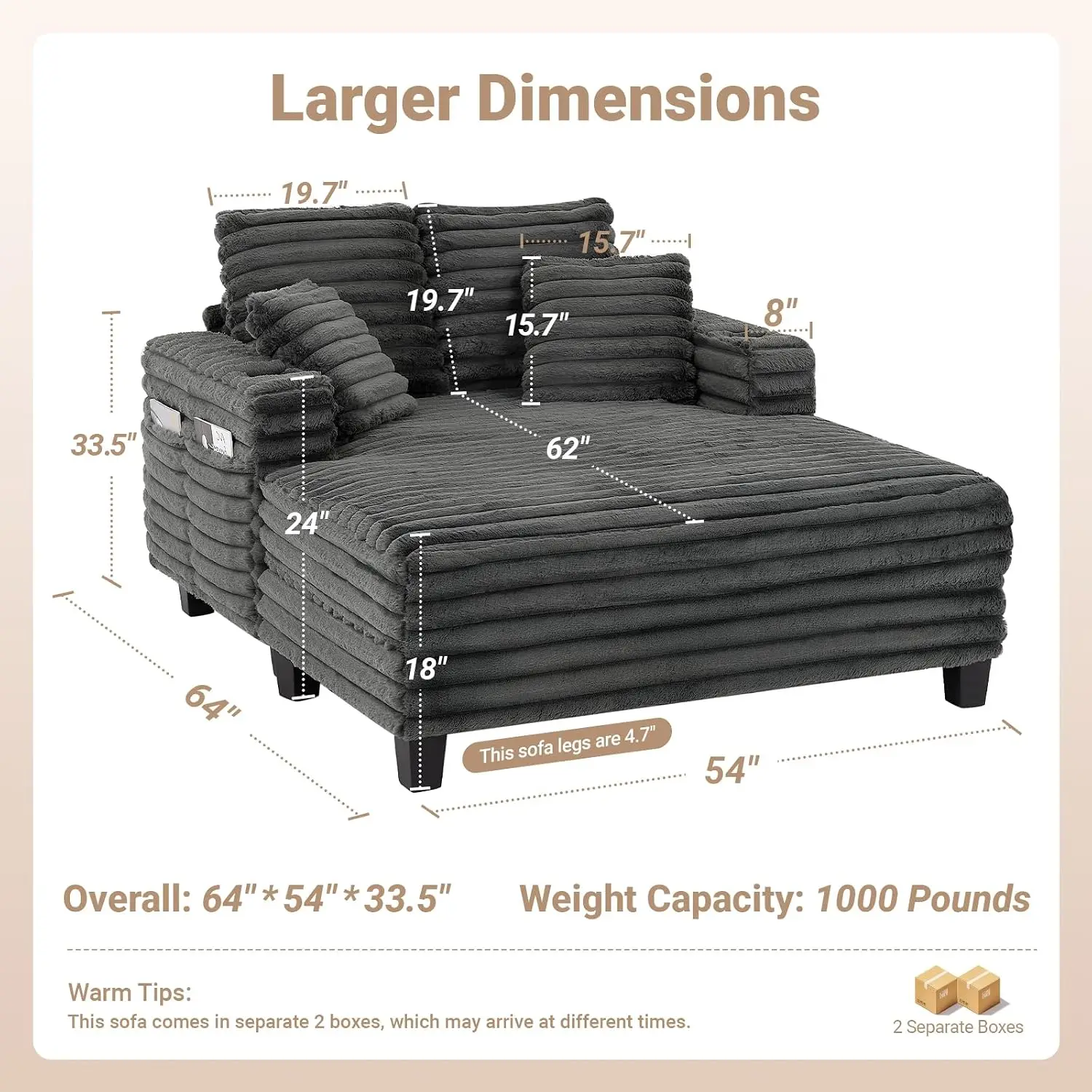 Oversized Chaise Lounge Chair With Wood Frame & 2 Cup Holders, Indoor Living Room Bedroom Relaxation Furniture 64