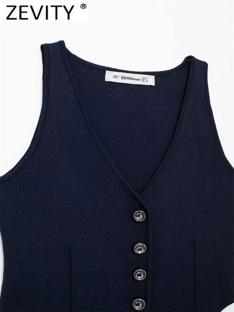 Zevity Women Fashion Navy Blue Single Breasted Knitted Vest Tank Tops Vintage V-Neck Sleeveless Female Chic Lady Crop Top LS6242