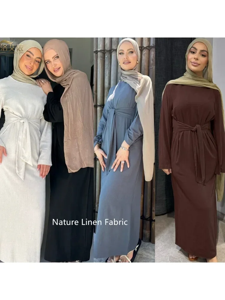 

Summer Cotton Linen Fabric Muslim Dress Women Eid Frenum Abaya Party Dress Dubai Arab Turkey Morocco Kaftan Islamic Gown Robe