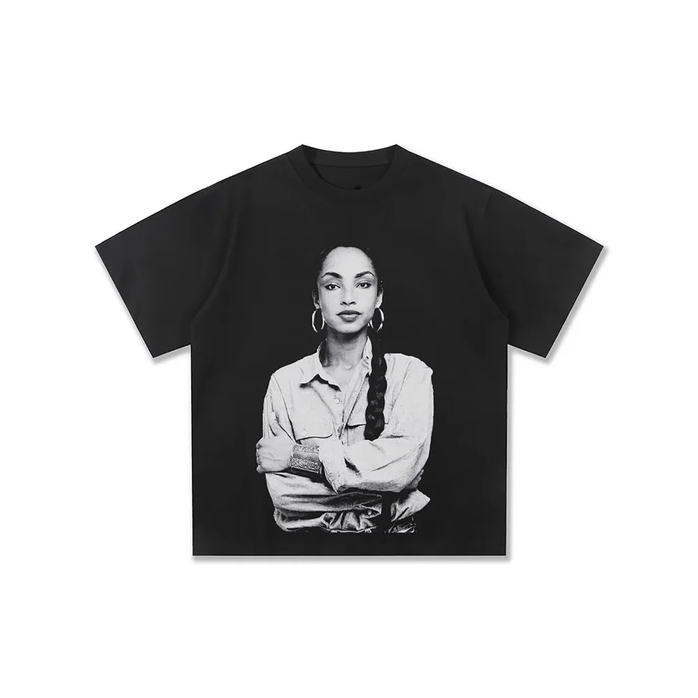 

American Retro Hip Hop SADE Character Print Short Sleeve Fashion Brand Round Neck Pure Cotton Casual High-quality Men's T-shirt