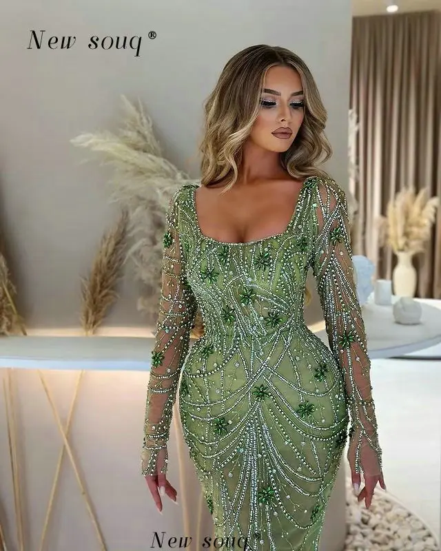 Green Beaded Crystals Stone Square Neck Long Sleeves Evening Party Dresses Elegant Formal Events Gowns for Weddings 2024