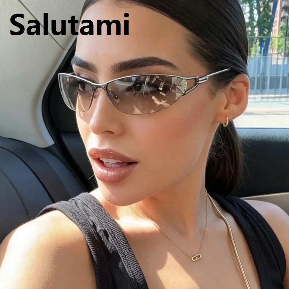 Neue silberne Y2K Metall-Cat-Eye-Sonnenbrille für Damen, modische Halbrahmen-Sonnenbrille mit klaren, getönten Gläsern, UV400, trendige Sonnenbrille für Herren, UV400 – Detail 1