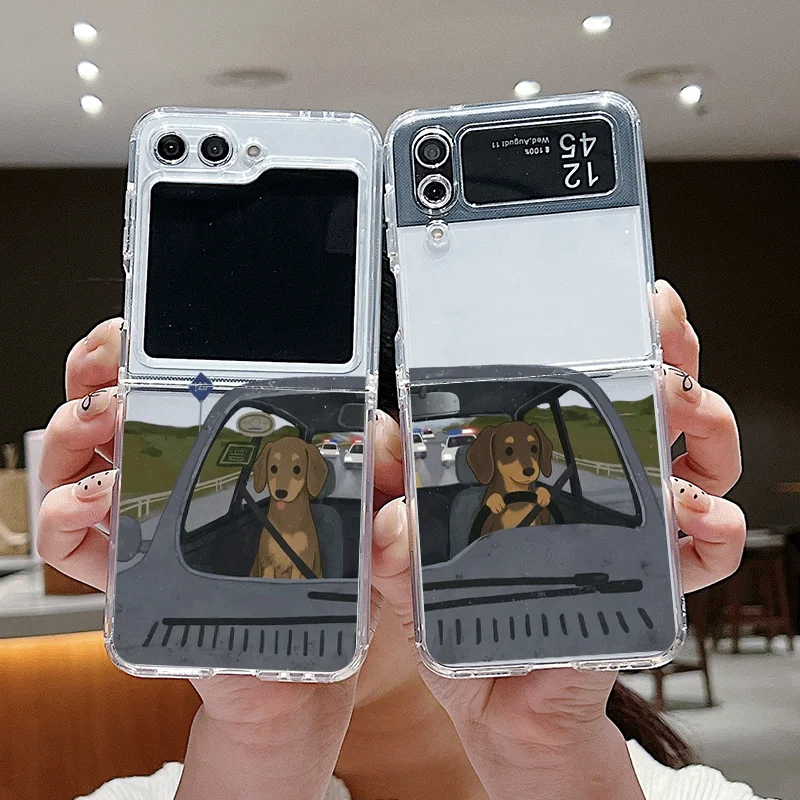 Funny Cartoon Driving Dog Transparent Phone Case for Samsung Galaxy Z Flip 7 Flip6 5 4 3 Folding Cover for Z Flip7 Flip5 Fundas