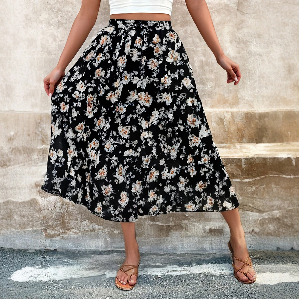 Mia Muse Autumn Winter  Women's Skirts High Waist A Line Floral Vacation Maxi Fashion Basics Skirts