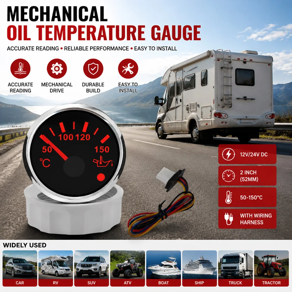 52mm 50 °C -150 °C Oil Temperature Gauge 12 V /24 V DC  Red Backlight Oil Temp Meters For Auto Boat Marine Car