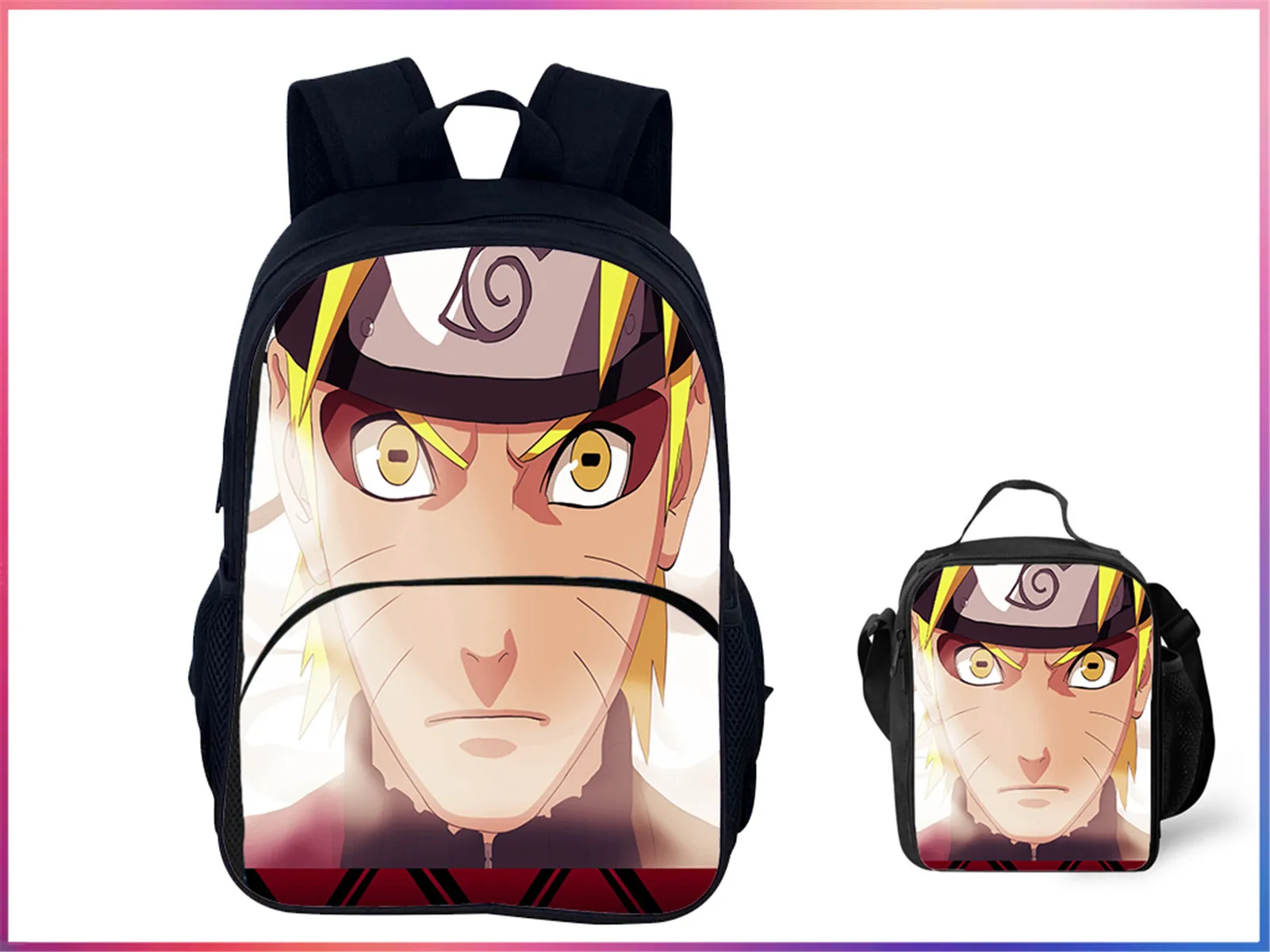 Сумка для школьной книги NARUTO, дорожный рюкзак с передним карманом, детский базовый рюкзак с водонепроницаемой сумкой для обеда, набор из 2 предметов