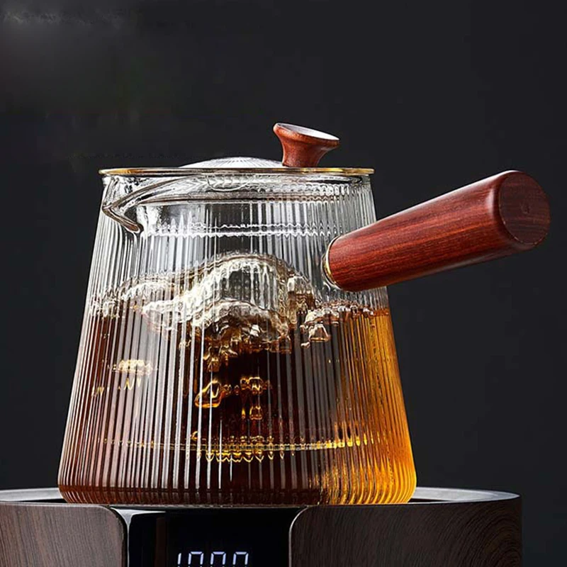 500/800Ml Glass Teapot with Removable Clear Infuser Sandal Wood Handle Stove Microwave Borosilicate Home Office Glass Kettle