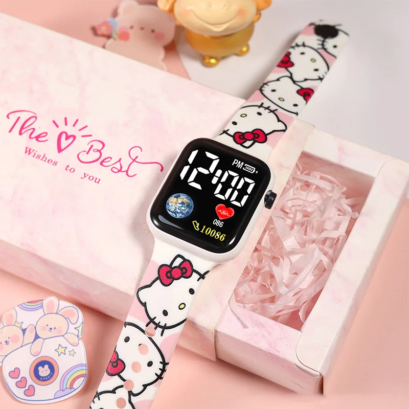 New Hello Kittle Stitch Cartoon Printed Key Led Watch Fashion Personality Square Elementary School Electronic Watch Strap