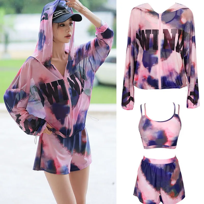 

Women Three Piece Outfits Flowy Beach Cover up with Swimsuit Beachwear Hoodie Swimming Shirt Coverup Bathing Suits