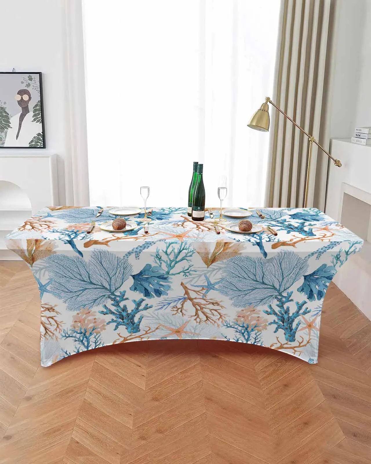 Summer Beach Sea Life Coral Elastic Table Skirt Wedding Hotel Birthday Table Cover Buffet Table Tablecloth Decor