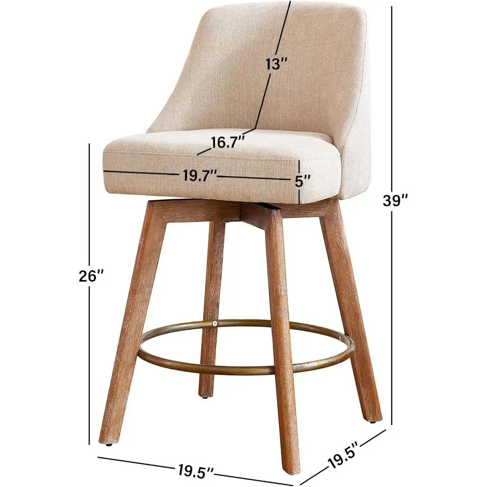 Swivel Bar Stools Set of 2 with Solid Wood Legs, 26 High, Sand Linen Fabric, 360° Rotation