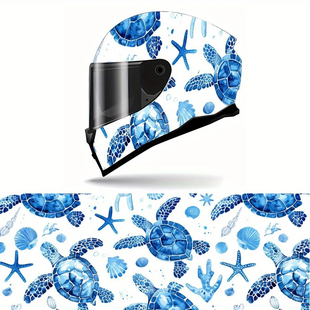 

Blue Sea Spirit Turtle Full Face Helmet Vinyl Wrap Sticker, Waterproof Scratch-Resistant Self-Adhesive PVC Decals, Artistic Aest