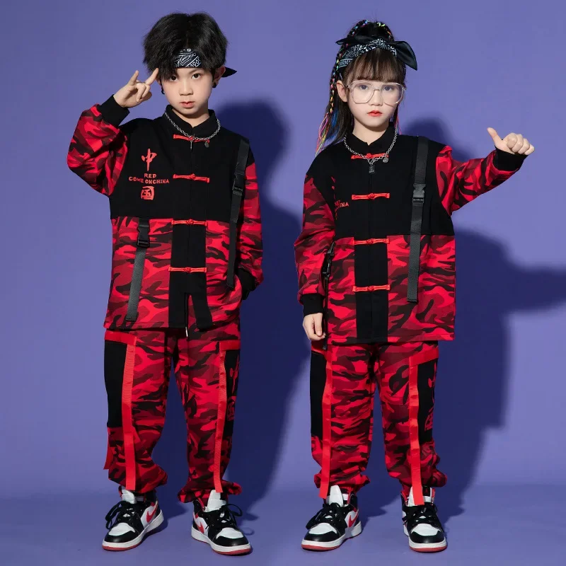 

Girls Boys Jazz Dance Costume Clothes Set Kid Red Chinese Style Hip Hop Clothing Camo Frog Button Shirt Casual Jogger Pants