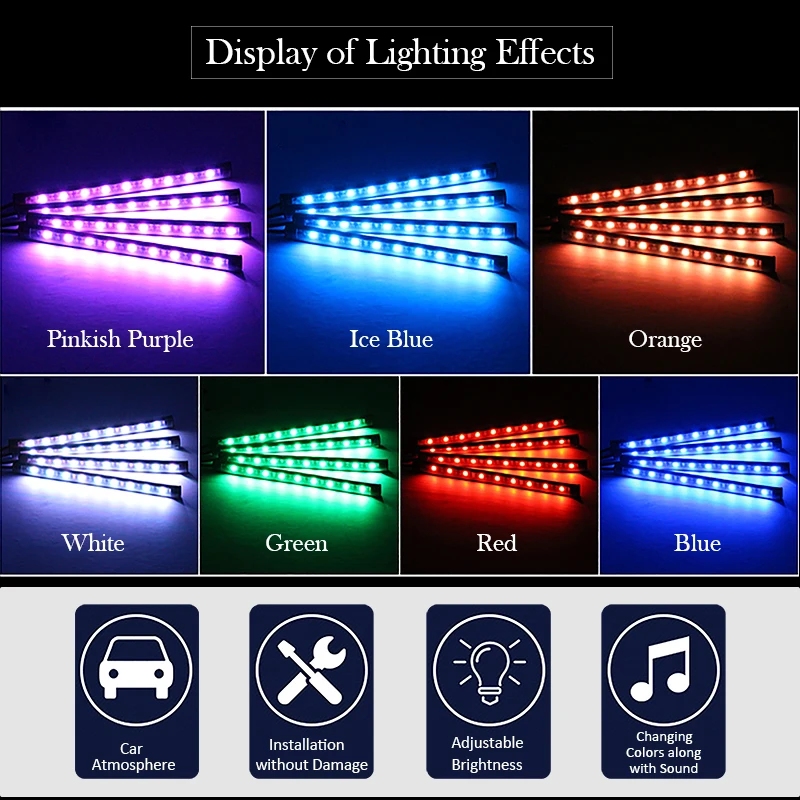 Tira de luces LED para coche, 4 piezas, 12V, Kit de iluminación interior de música Multicolor con función activa de sonido y control remoto inalámbrico