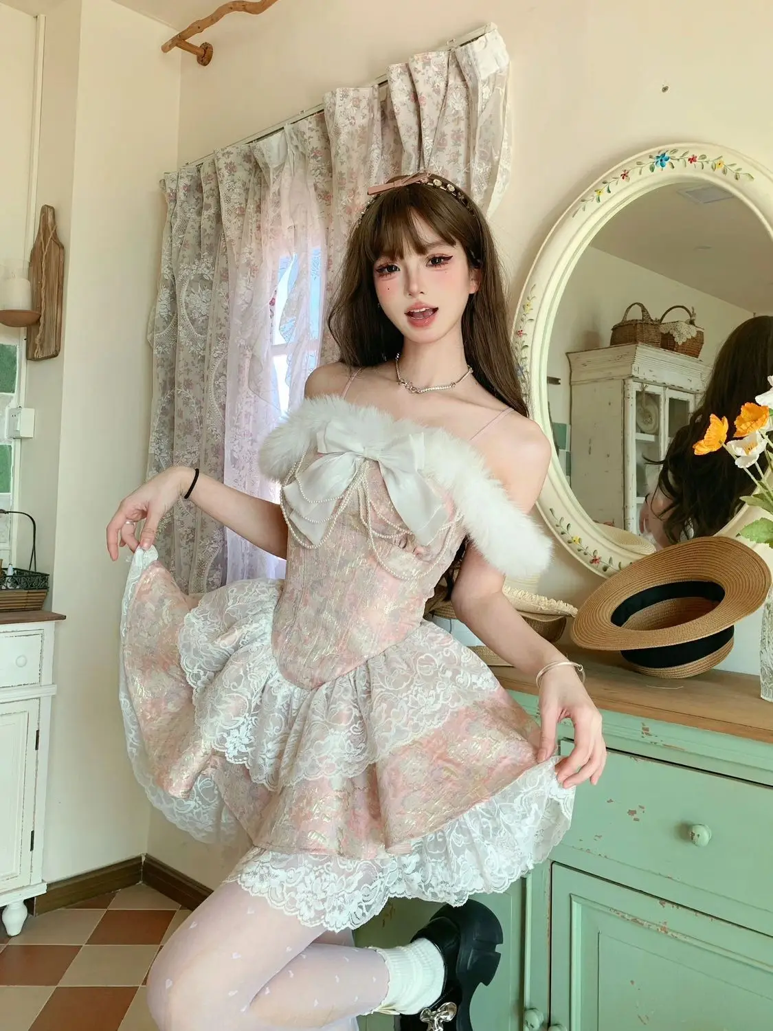 

Japan Short Lolita Pink Castle Love Letter Lace Design Feeling One Shoulder Bow Splice Waist Closing Dress Women 2024 New