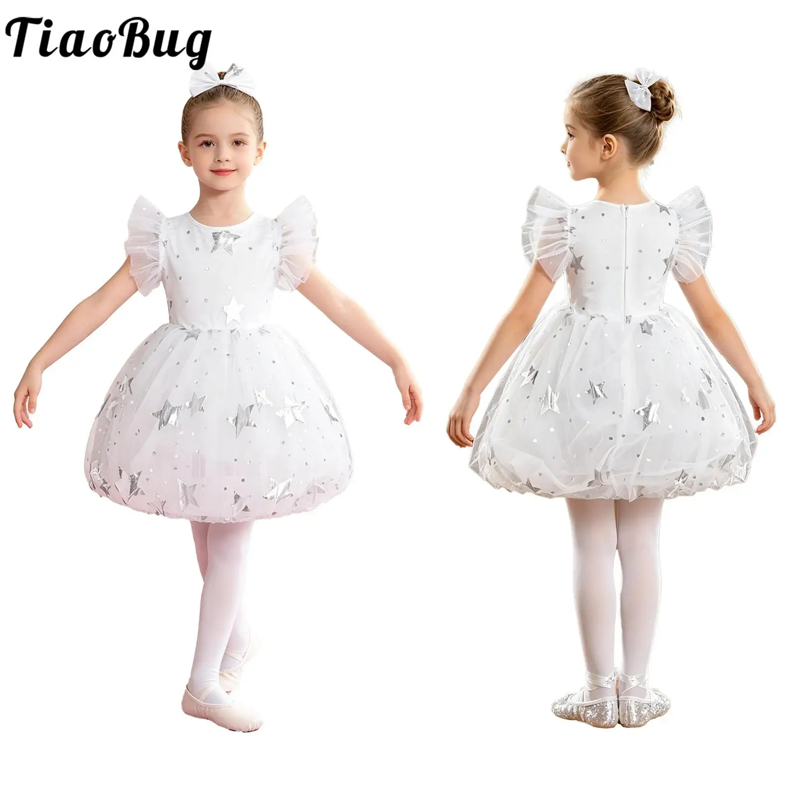

Flower Girls Dress Birthday Party Ballet Dance Performance Outfit Ruffled Sleeves Metallic Star Tulle Tutu Dress with Pantyhose