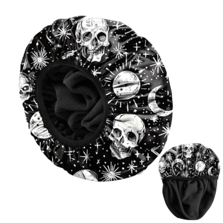 Luxury Shower Cap Reusable Terry Cloth Lined EVA Triple Waterproof Layer Elastic Hair Bath Caps for Women Girls Cute-Skull