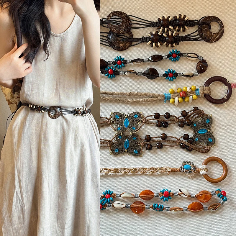 

Simple Versatile Hand-woven Tassel Wooden Beads Belt Ethnic Style Waist Chain Accessories Vacation Waist-cinching Waist Rope