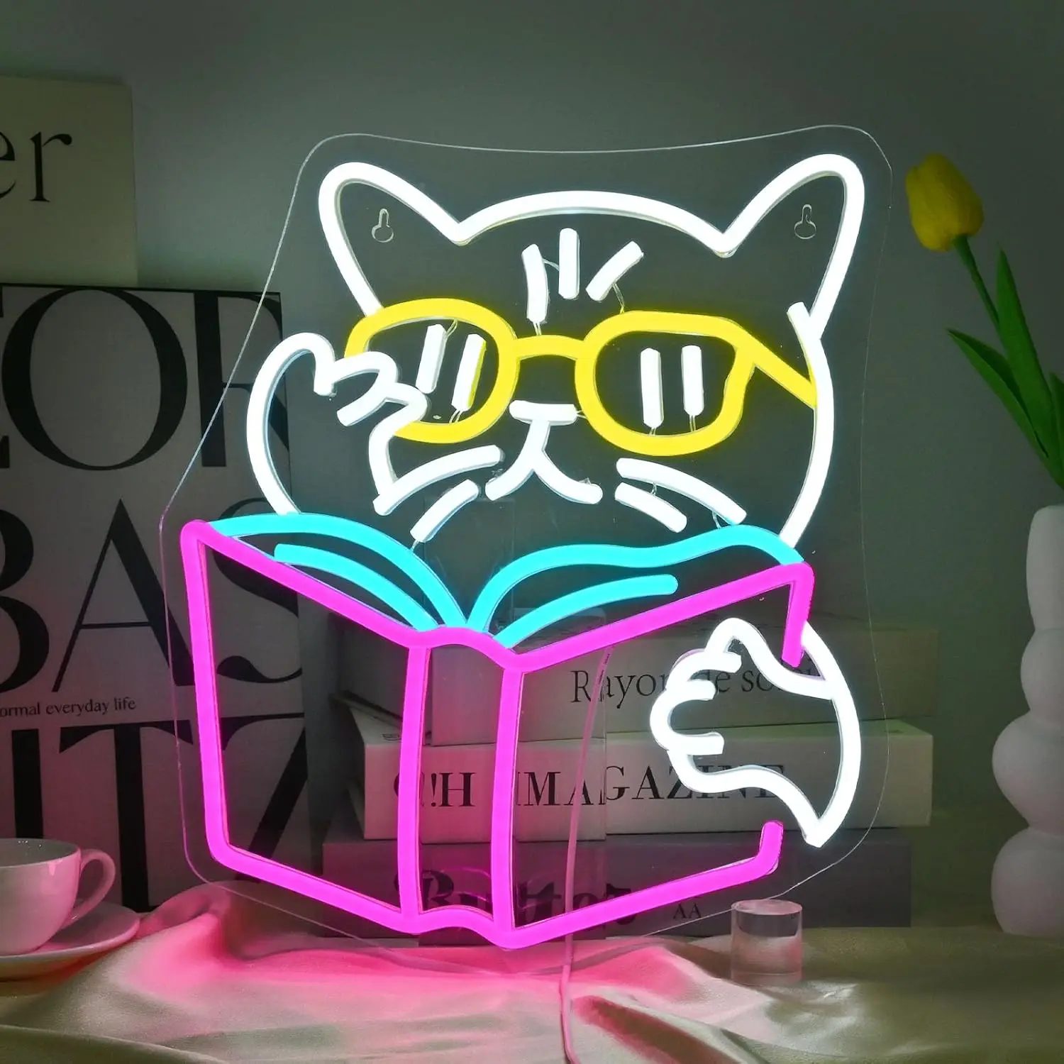 

Cat Reading Book Neon Sign Cute Cat Led Signs for Library Neon Lights for Classroom Reading Cafe Bookstore
