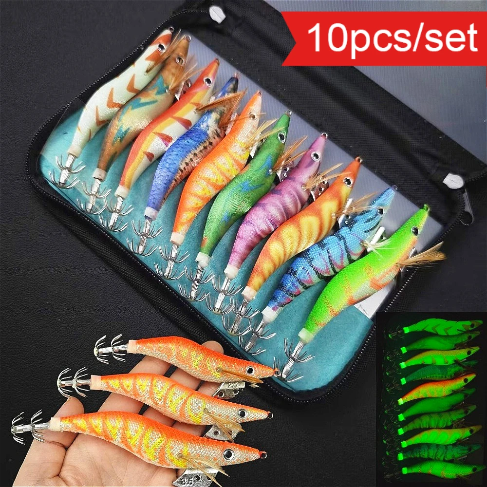 10 Stück/Set 2,5 #   3.0 #   3.5 #   Leuchtende Garnelen, echte Garnelenköder, Fischköder, Tintenfisch-Angelzubehör, Tintenfisch-Jigs