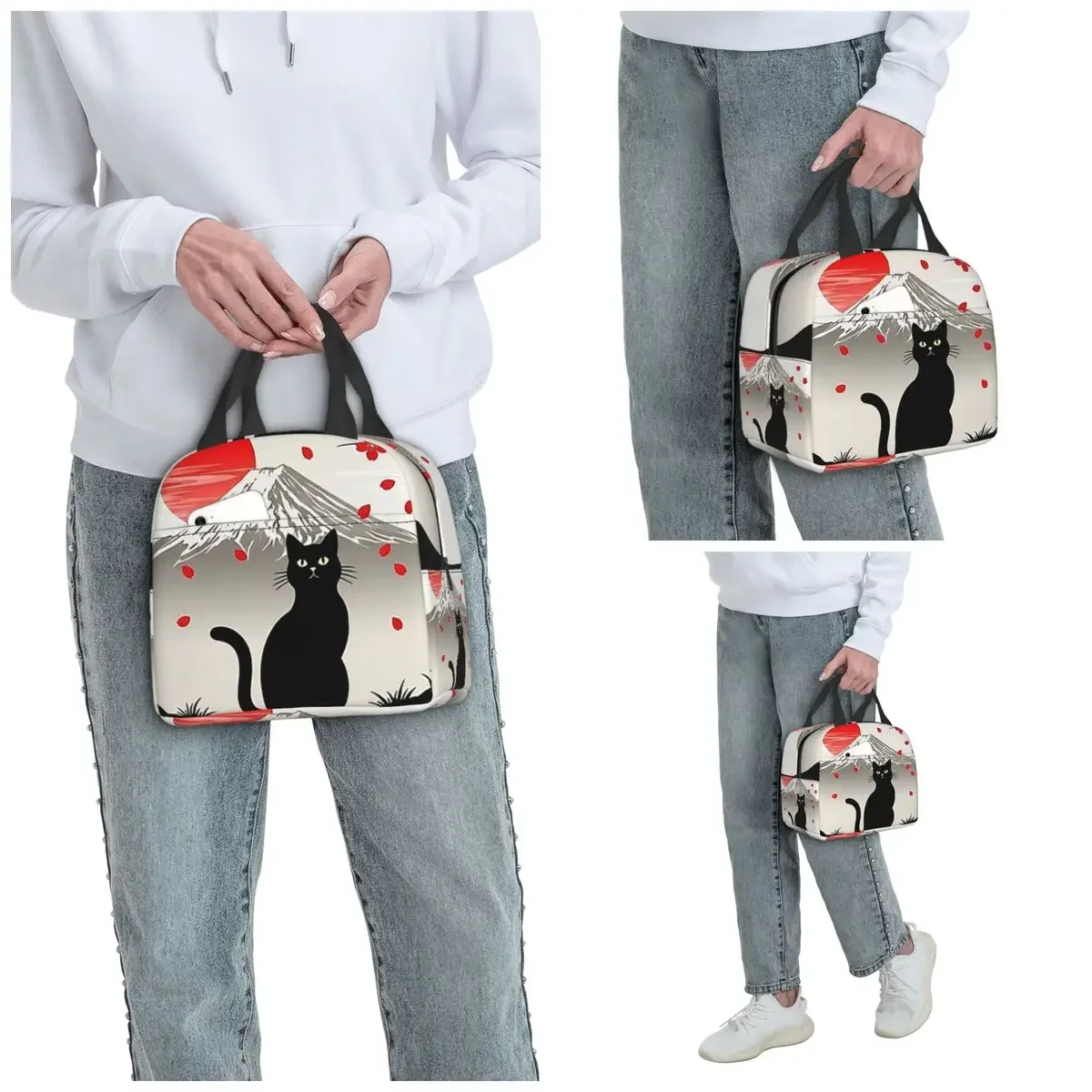 Sakura Mount Fuji And Cat Insulated Lunch Bag for Women Office Cooler Thermal Food Box Tote Portable Lunch Boxes Container