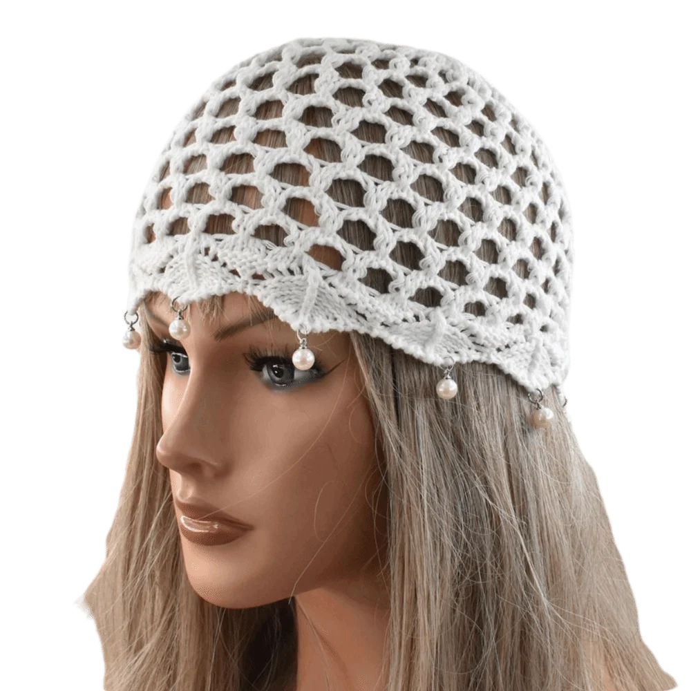 Hollow Out Crochet Knitted Hat Beads Tassels Adjustable Mesh Knitted Hat Handmade Charm Decorative Design Hollow Knit Cap