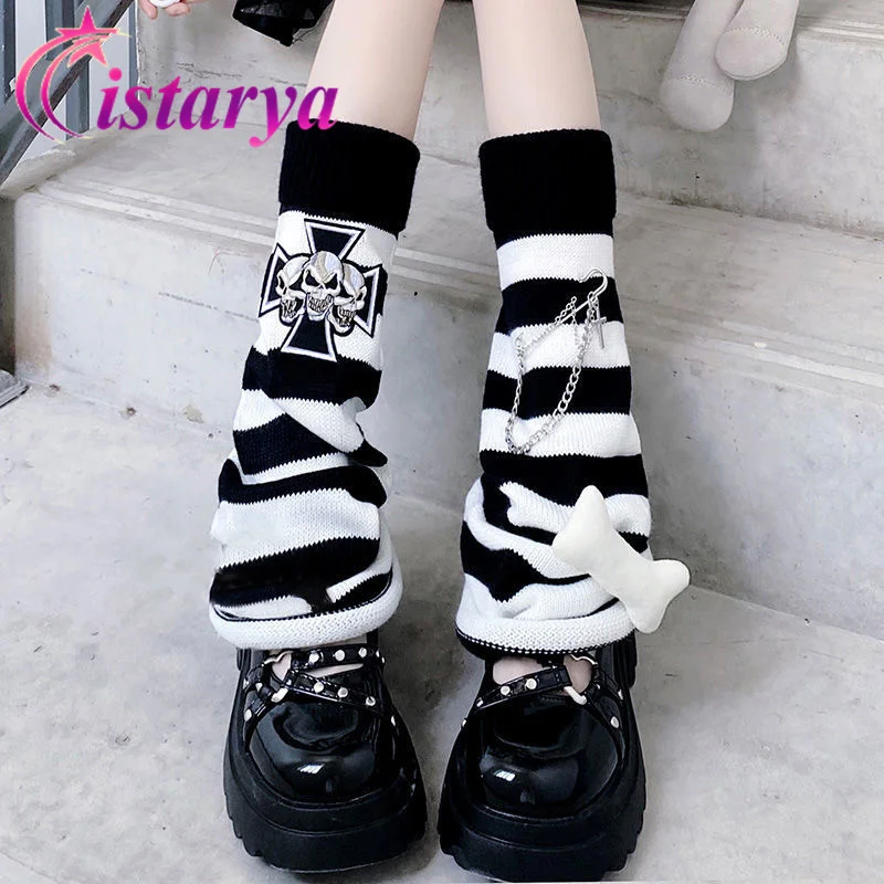 

Женские полосатые трикотажные носки в стиле панк Harajuku Y2k, готические носки в стиле Лолиты с черепом и костной цепочкой, каваи, вязаные носки для ботинок
