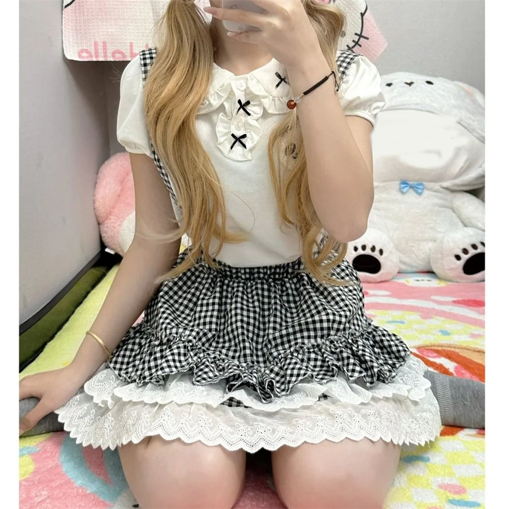 

Japanese Soft Girl Cute Kawaii Skirts Sets Cartoon Short Sleeve T-shirt Sweet Lace Strap Grid Cake Puff Skirt Y2k 2-piece Outfit