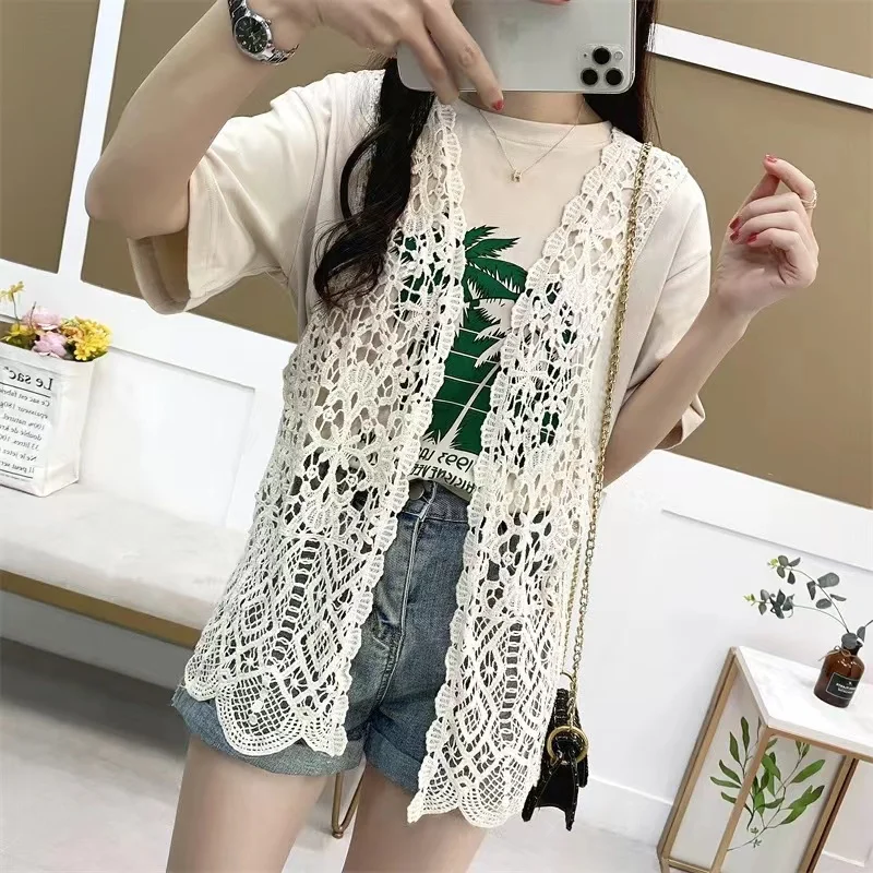 Summer Beige White Crochet Lace Vests For Women Holiday Beach Hollow Out Boho Cover-Up Korean Style Sleeveless Cotton Cardigan